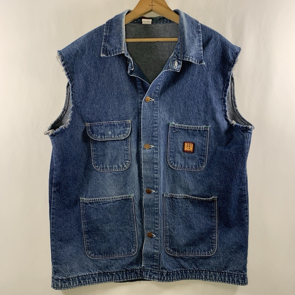 VTG Big Ben Mens Denim Snap Vest XL Streetwear Workwear Cut Off Sleeves USA